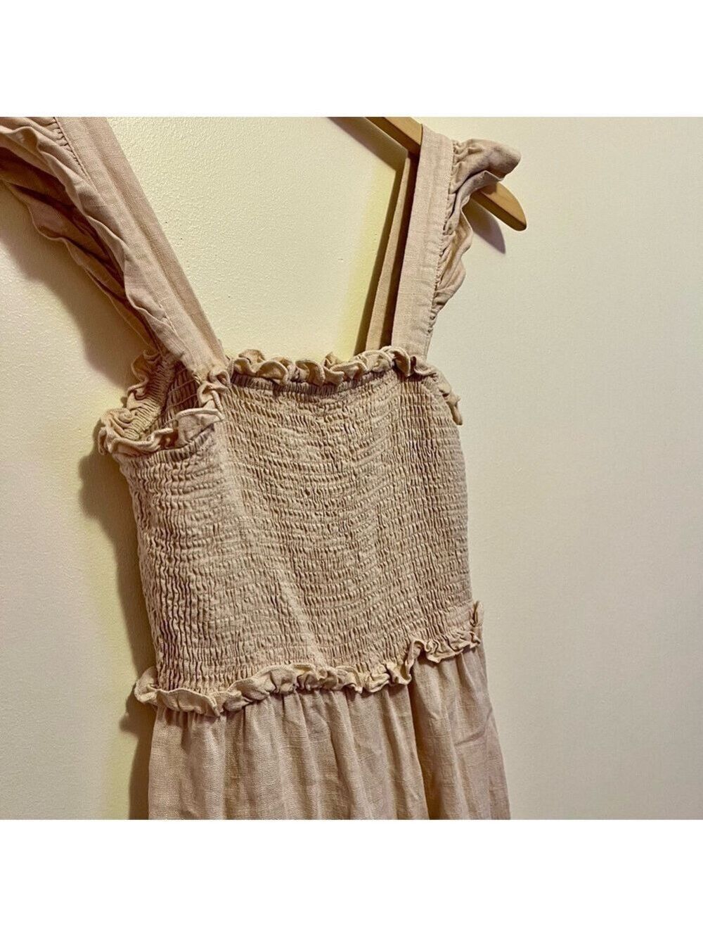 StyleCheat Cream Linen Blend Sleeveless Jumpsuit Wide Leg Ruched Bodice Beach 6 - Picture 4 of 7